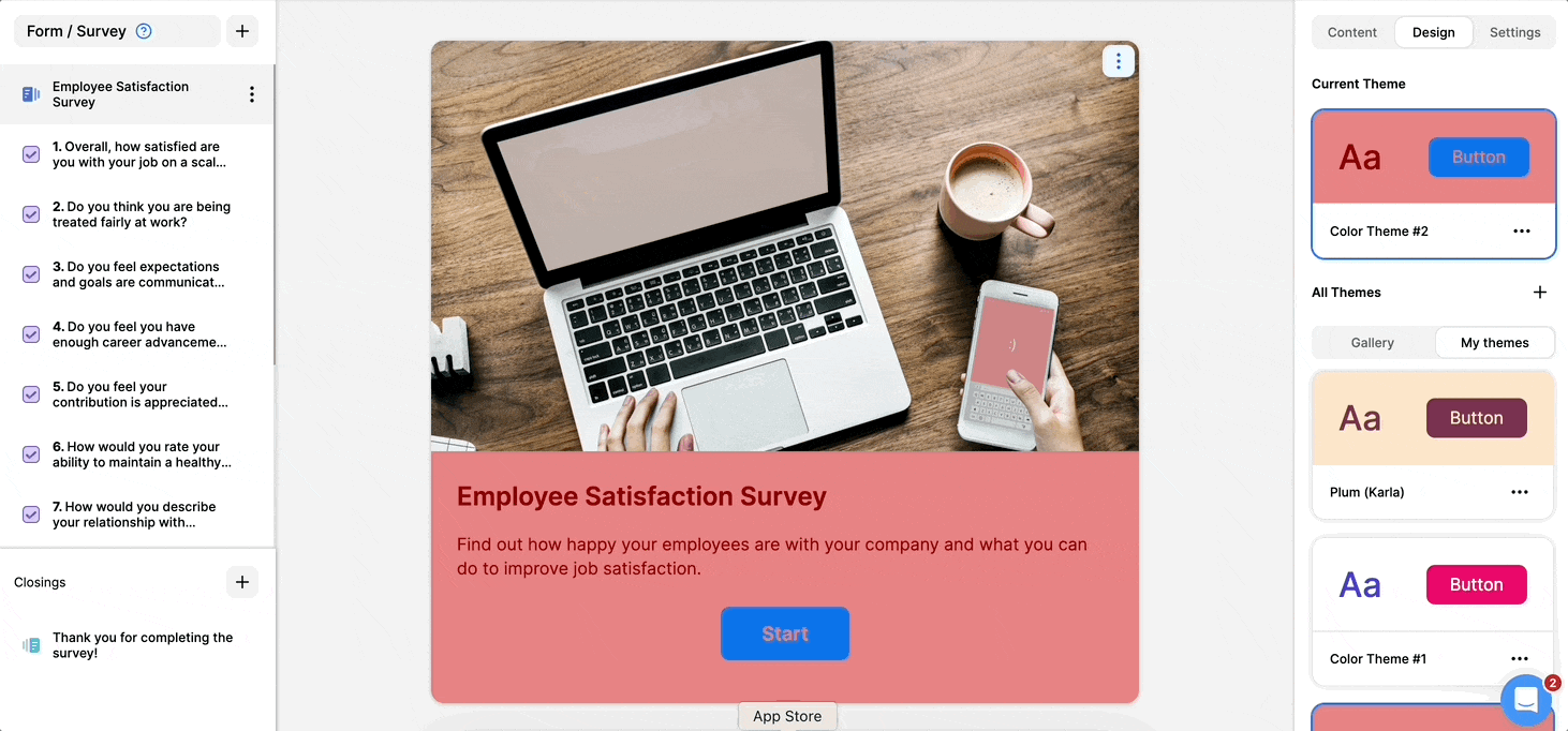 GIF of the Opinion Stage quiz builder showing the Design panel with theme options on the right and a travel-themed quiz preview in the center titled ‘Employee Satisfaction Survey'
