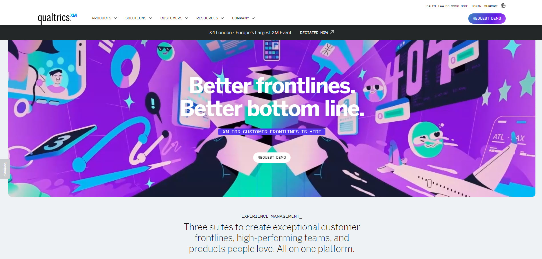 Qualtrics XM website banner showing vibrant graphics and the tagline ‘Better frontlines. Better bottom line.’ promoting customer experience management solutions.