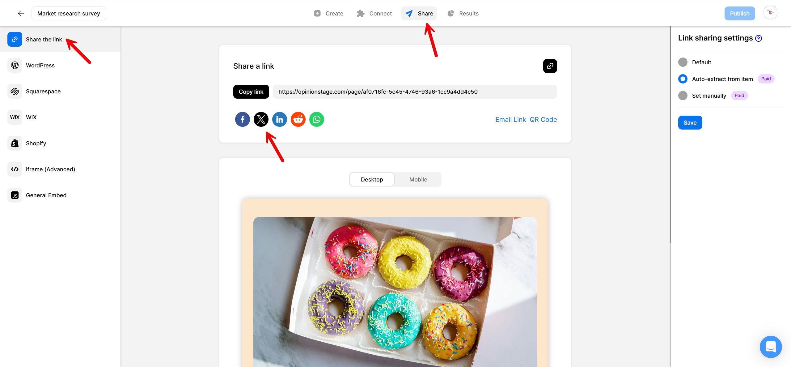 Opinion Stage Share screen showing the ‘Share the link’ option, the Copy Link button, social share icons including X, and a preview of the survey with link-sharing settings on the right.