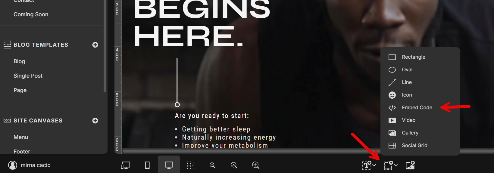 Add an embed block to your Showit site.