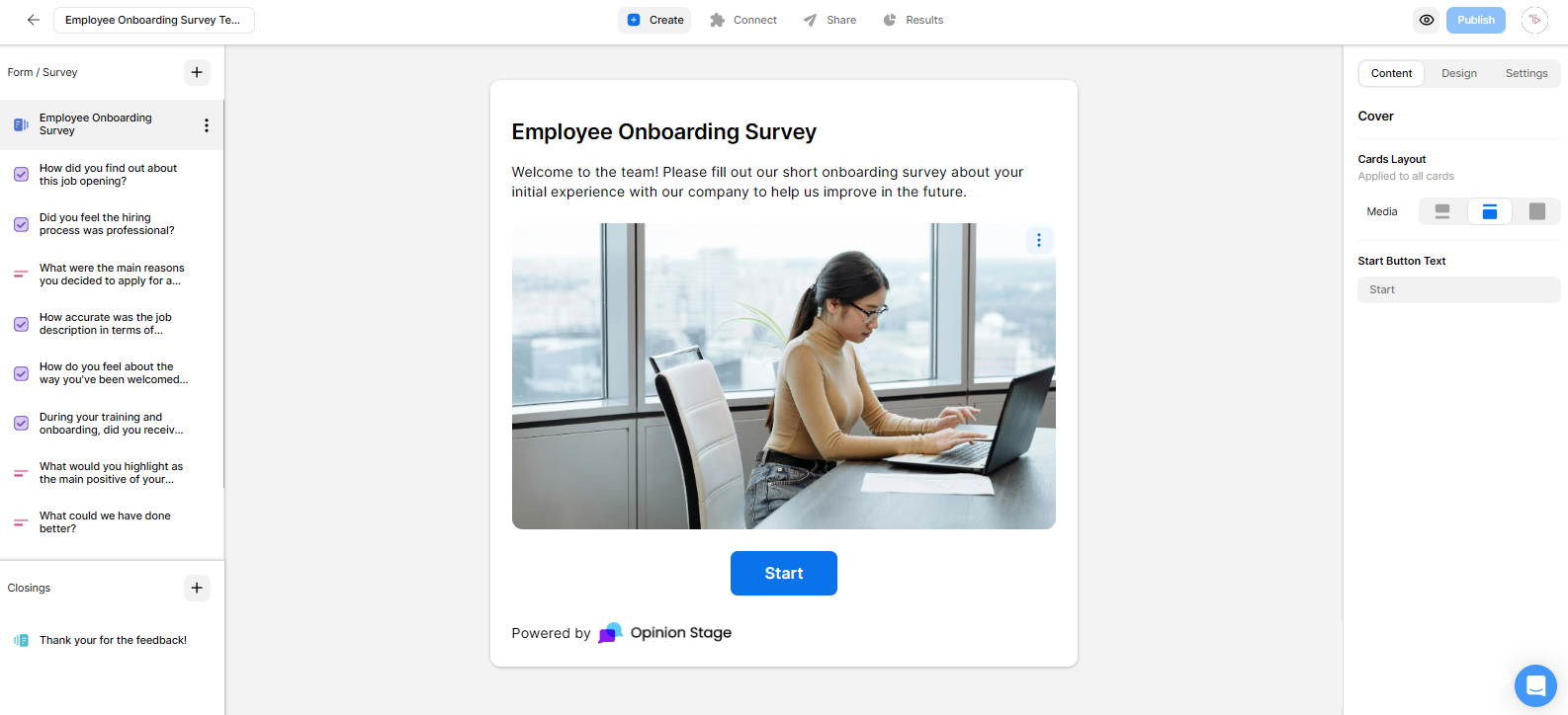 Screenshot of the Opinion Stage survey builder showing an employee onboarding survey with various question types and a start screen.