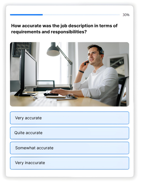 Opinion Stage survey question with a progress bar, asking how accurate the job description was, shown with multiple-choice answer options.