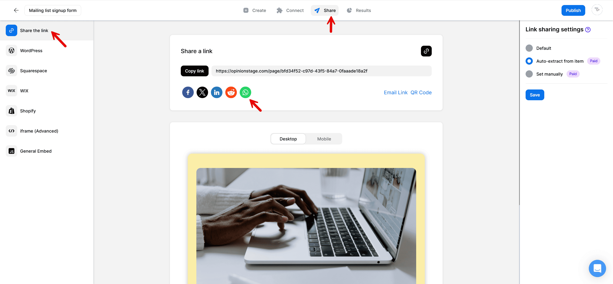 Opinion Stage Share screen showing the Share the link option selected, the copy-link button, the form URL, social sharing icons including WhatsApp, and link-sharing settings on the right.