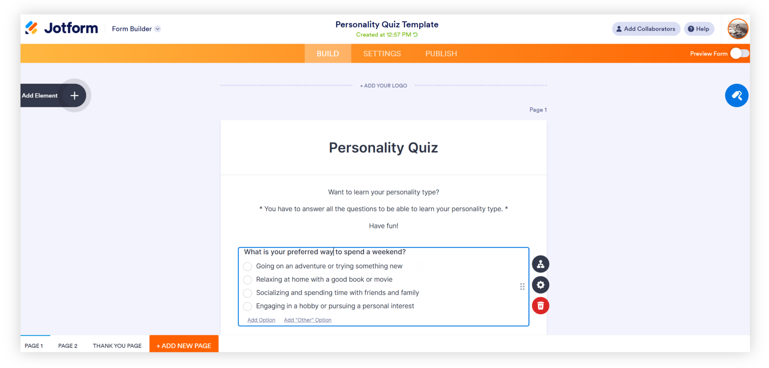 Screenshot of a personality quiz being built in Jotform. The quiz asks, “What is your preferred way to spend a weekend?” with multiple-choice options including adventure, relaxation, socializing, and hobbies. The interface shows the Build tab active, with navigation options for Settings and Publish at the top.