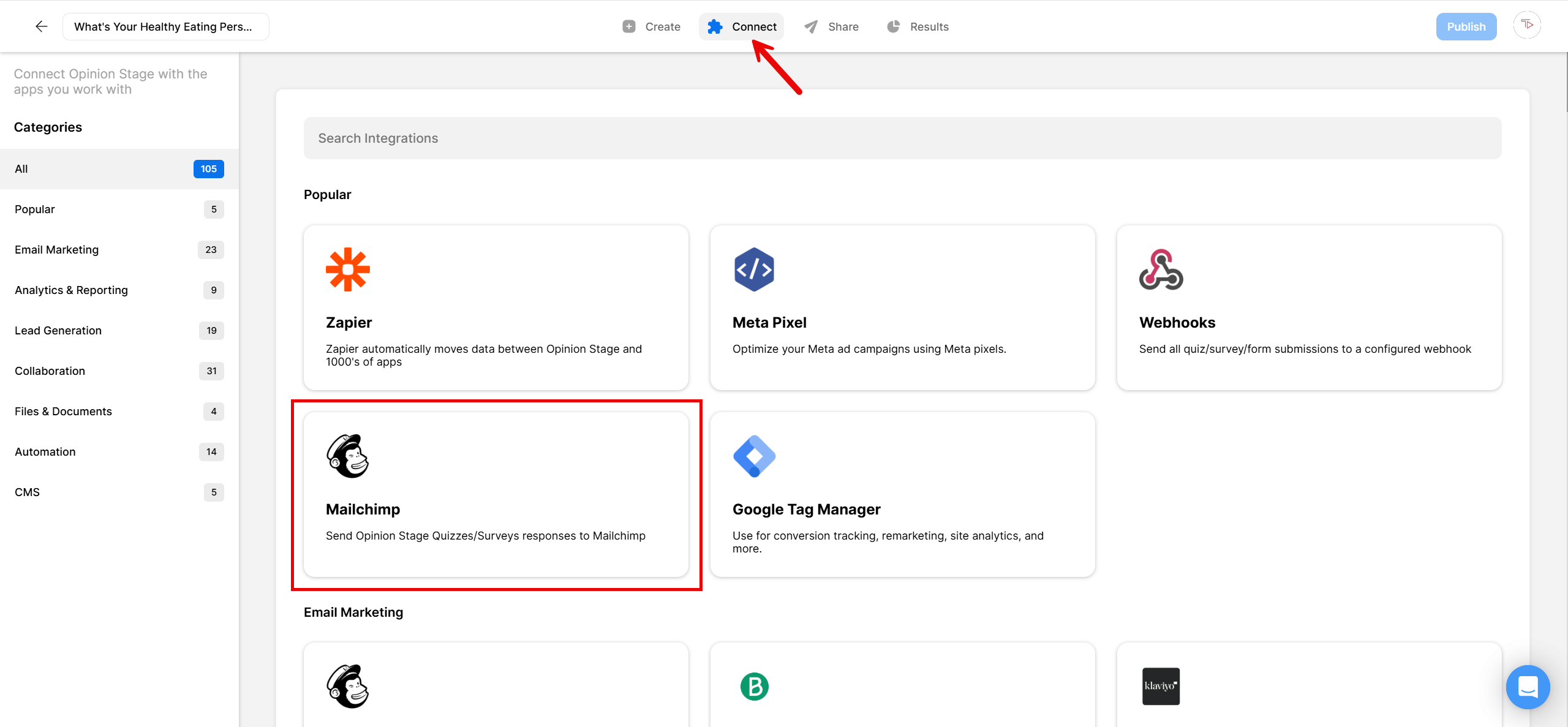 Screenshot of the “Connect” tab in Opinion Stage, showing integration options for connecting quizzes and surveys with other tools. The Mailchimp integration card is highlighted, allowing users to send Opinion Stage responses directly to Mailchimp.