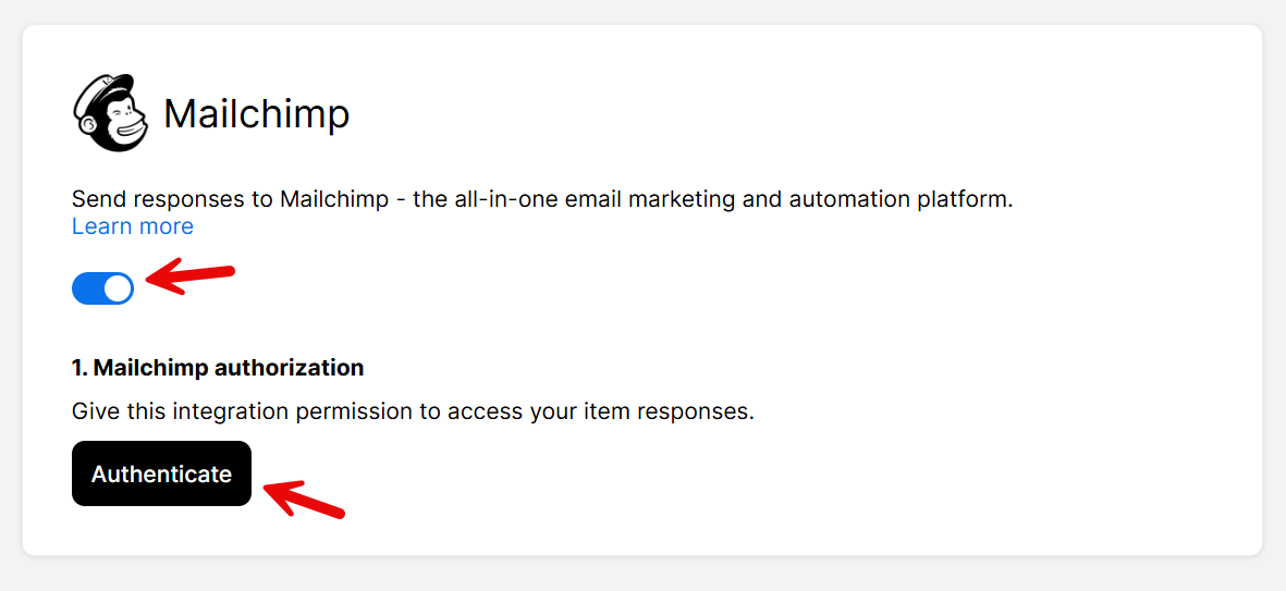 Screenshot of the Mailchimp integration settings in Opinion Stage. The Mailchimp toggle switch is turned on, and a black “Authenticate” button is shown below, prompting users to authorize the connection.