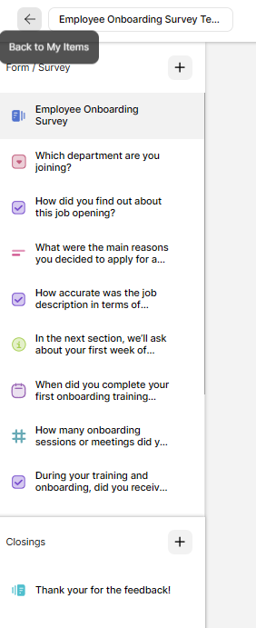 An example of how you can use different question types in Opinion Stage—including dropdown, multiple choice, open-ended, informative, date, and number questions—to build a more engaging and well-rounded employee onboarding survey.