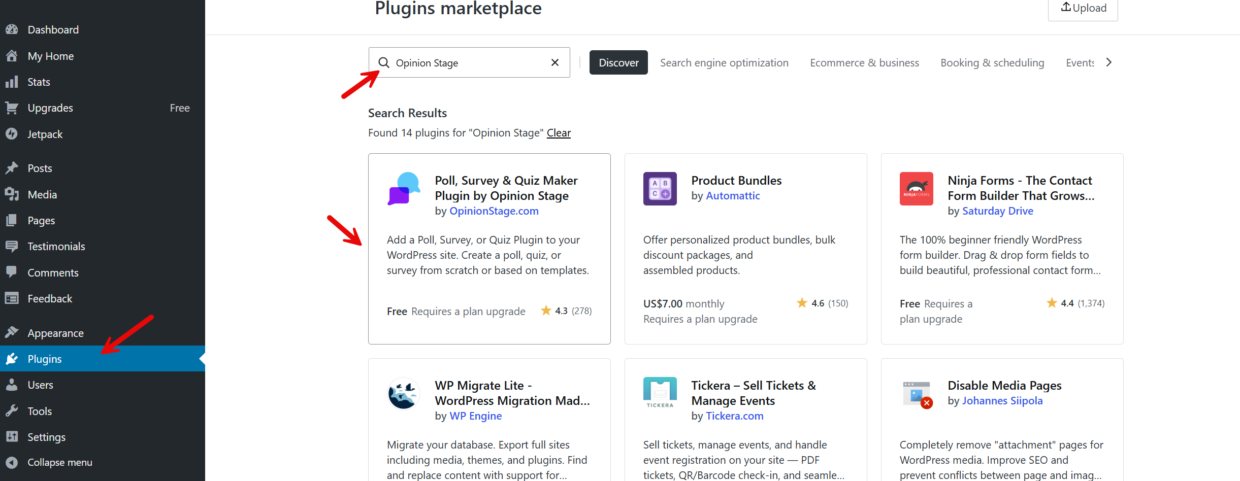 WordPress dashboard showing the Plugins section and a search for ‘Opinion Stage,’ with the Poll, Survey & Quiz Maker Plugin appearing in the marketplace search results.