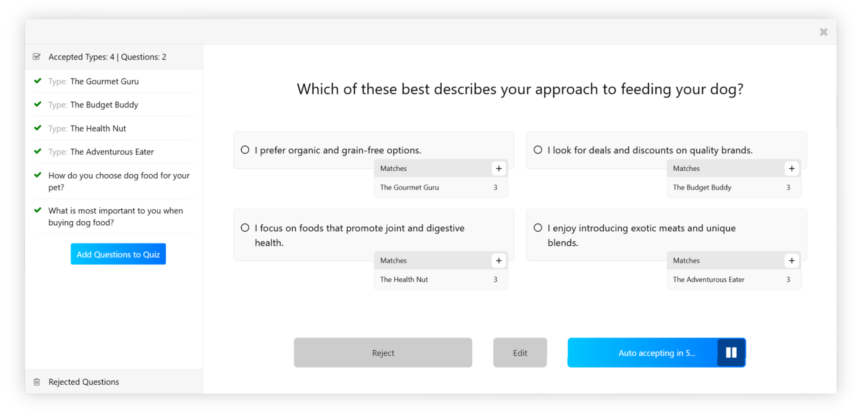 Screenshot of QuizMaker’s AI creator interface showing a personality quiz question: “Which of these best describes your approach to feeding your dog?” with multiple-choice answers mapped to result types. The left panel lists accepted question types and an option to add questions to the quiz.