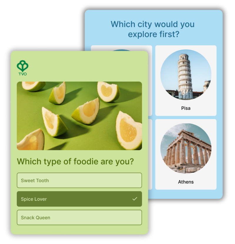 Two overlapping quiz cards: a green foodie quiz and a blue travel quiz.