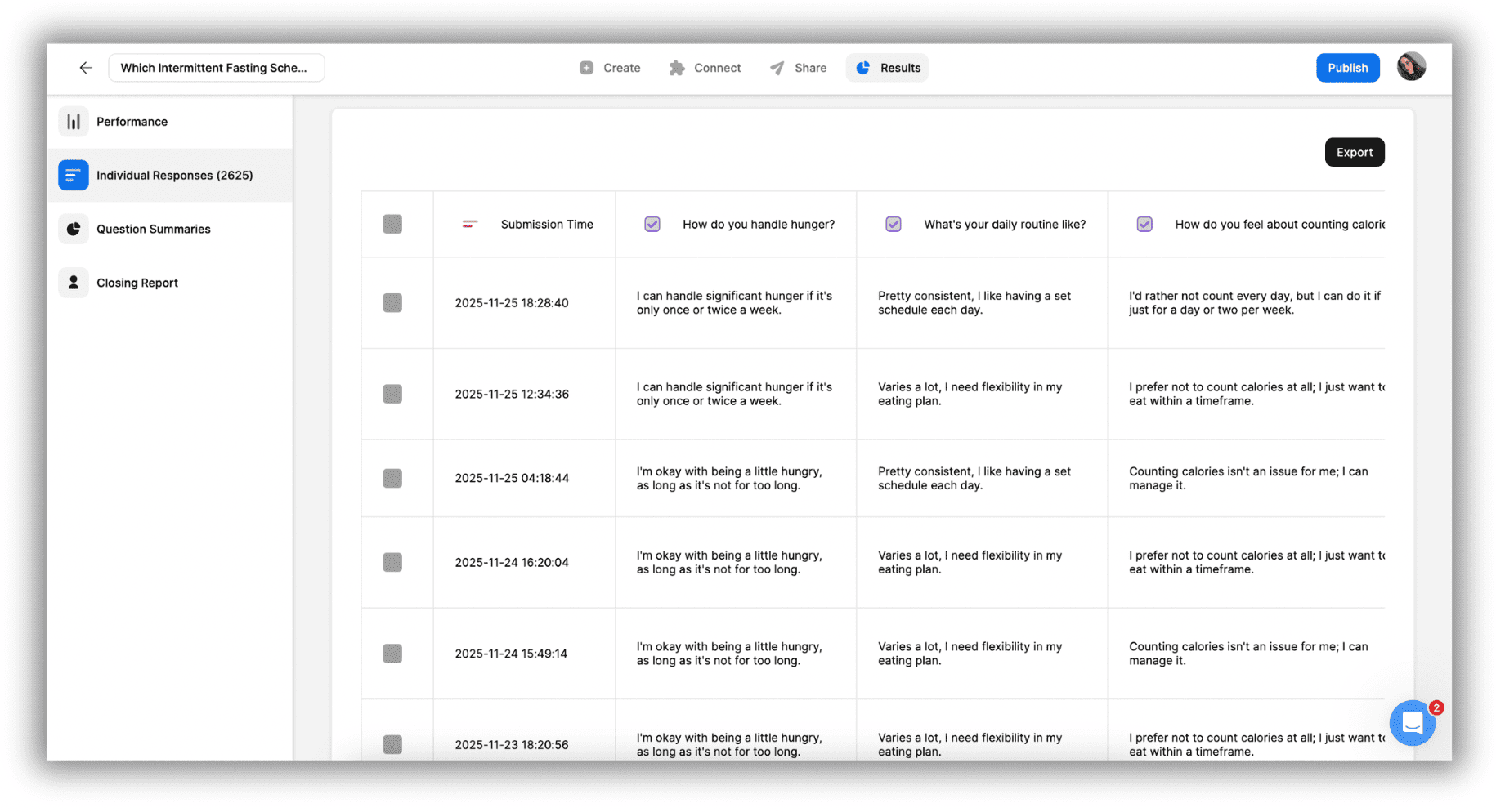 Screenshot of the Opinion Stage Results tab showing the Individual Responses table with submission times and people’s answers listed in rows.