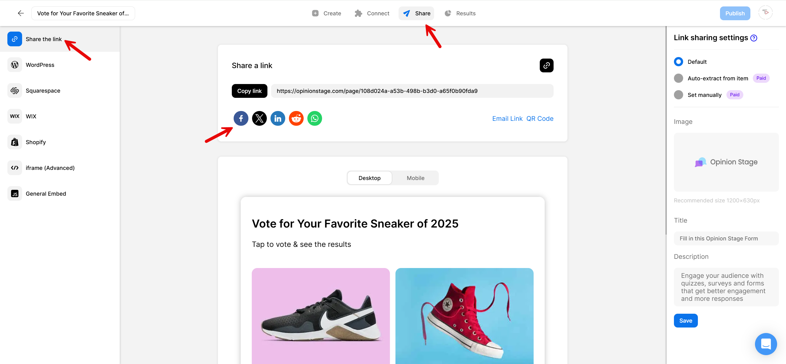 Opinion Stage Share screen with the Share the link option selected, showing the poll URL, social sharing icons including Facebook, and a preview of the ‘Vote for Your Favorite Sneaker of 2025’ poll.