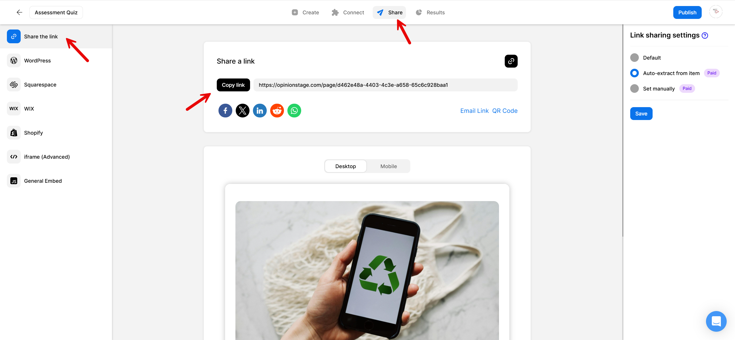 Screenshot showing how to share a quiz in Opinion Stage, with arrows pointing to the “Share” tab, “Share the link” option, and “Copy link” button.