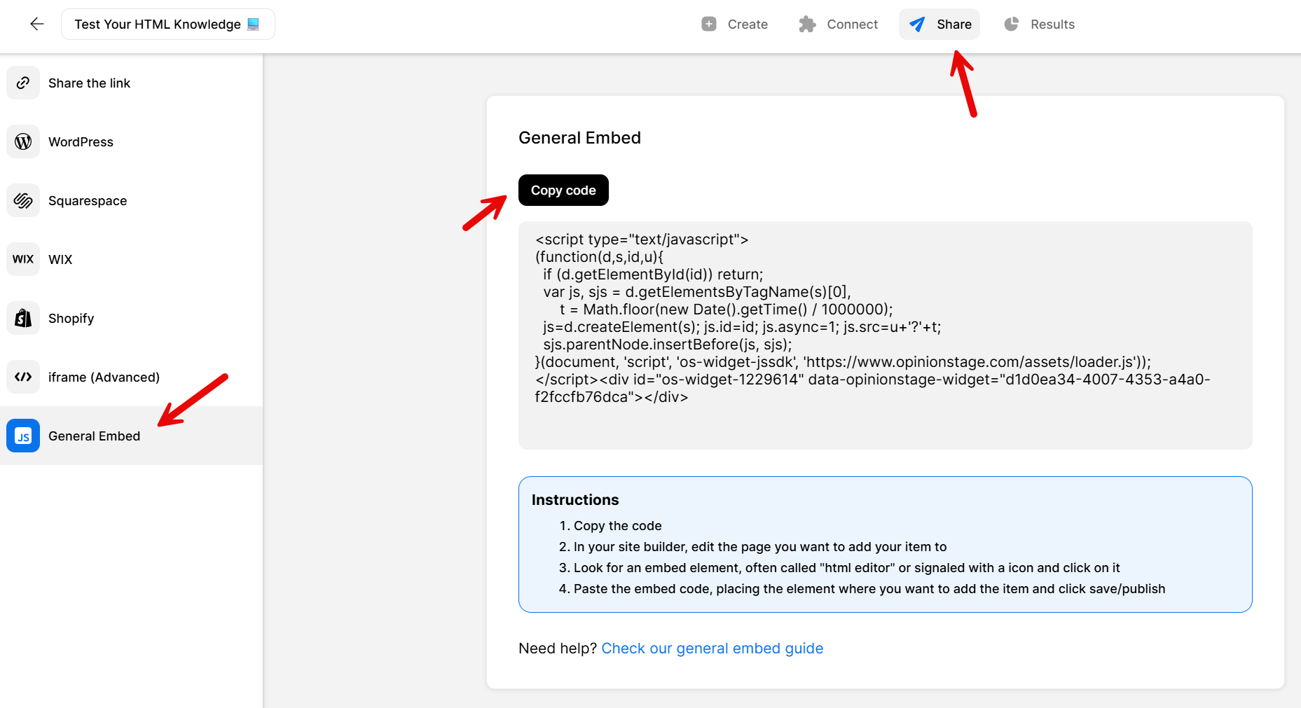 Screenshot of the Share tab in Opinion Stage showing the “General Embed” option. Red arrows point to the General Embed tab, the “Copy code” button, and the Share tab used to embed a knowledge quiz.