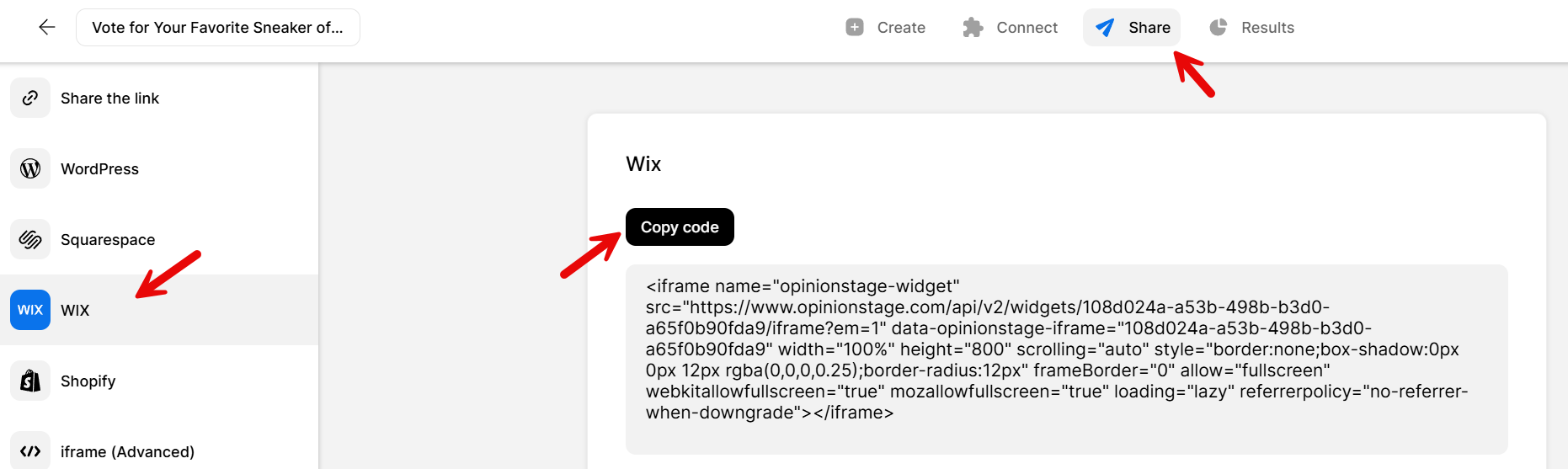 Opinion Stage Share screen with the Wix option selected, showing the Copy code button and the iframe embed code for the poll.