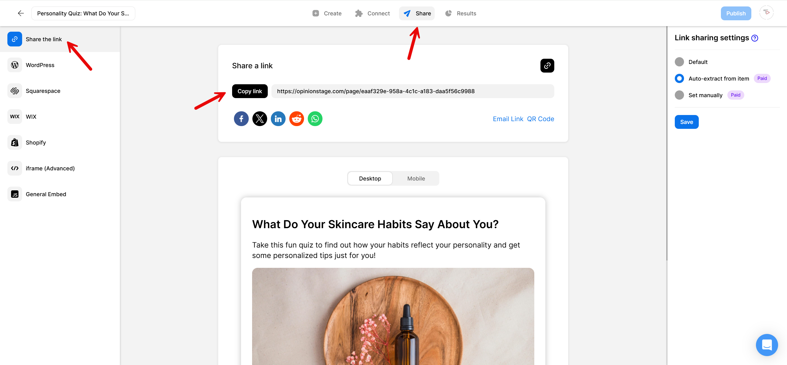 Screenshot of the Opinion Stage Share screen showing the Share the link menu, the Copy link button with the quiz URL, social icons, and link sharing settings on the right.