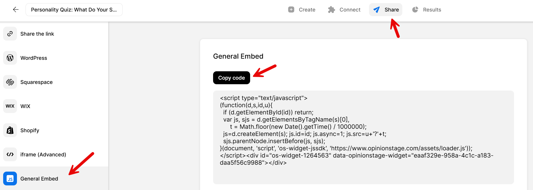 “Screenshot of the Opinion Stage ‘General Embed’ section showing the embed code box, the ‘Copy code’ button, and arrows pointing to the Share tab, the Copy code button, and the General Embed menu option.