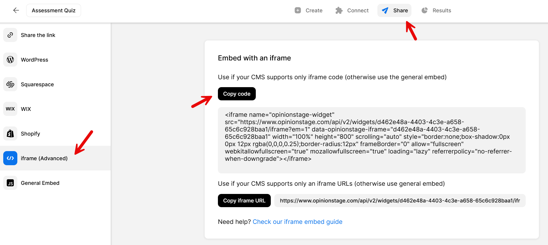 Screenshot of the Opinion Stage Share panel showing the ‘iframe (Advanced)’ option selected in the left menu, with arrows pointing to the ‘Copy code’ button and the Share tab, and the iframe embed code displayed on the right.