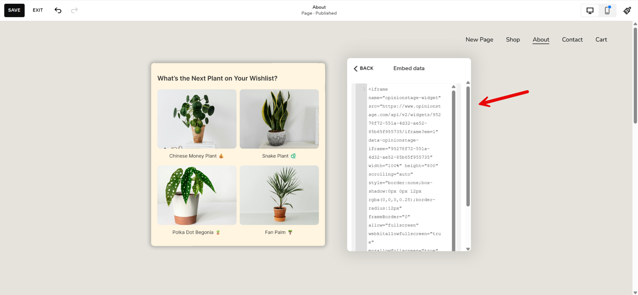 Squarespace editor showing a poll embedded on the page and the Embed data panel open on the right with the poll’s iframe code.