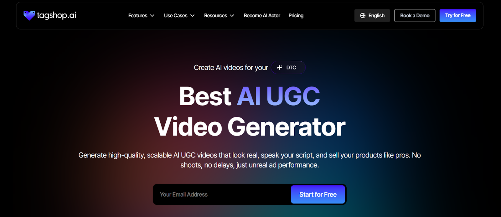 Screenshot of Tagshop AI's homepage, a tool that allows you to generate AI UCG videos with a product link.