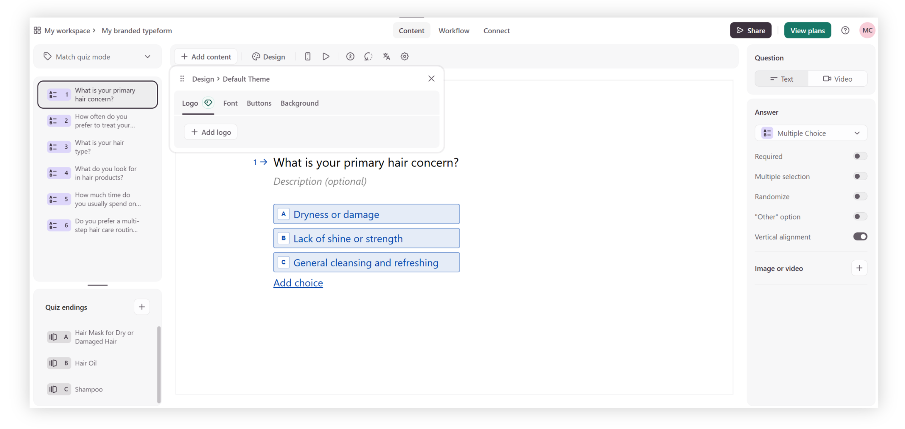 Screenshot of a quiz being built in Typeform. The interface shows a question asking, “What is your primary hair concern?” with multiple-choice answers: Dryness or damage, Lack of shine or strength, and General cleansing and refreshing. On the left are the quiz steps and result types, and on the right are answer settings.