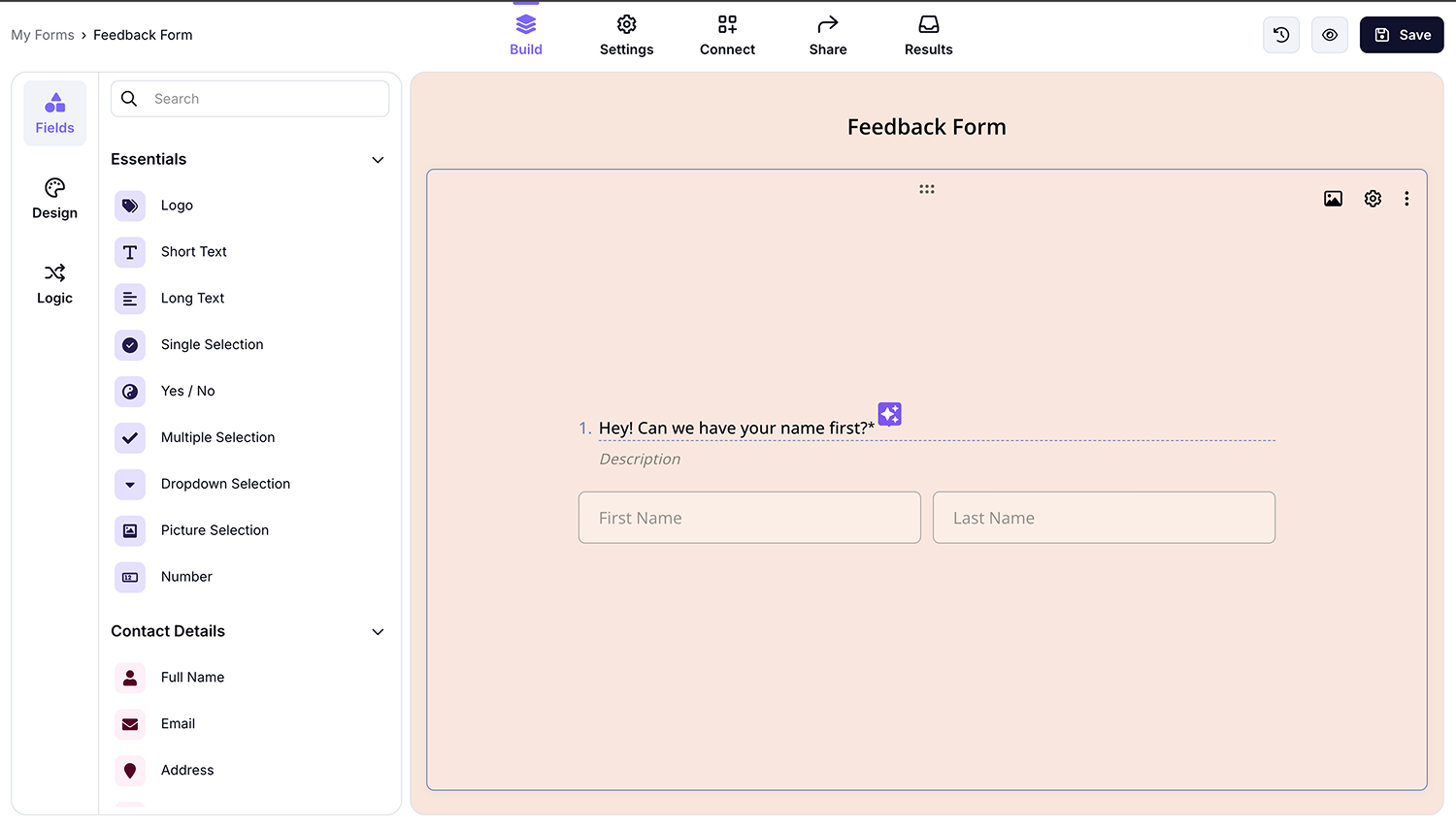 Screenshot of Venngage's form builder interface showing a 'Feedback Form' in editing mode.