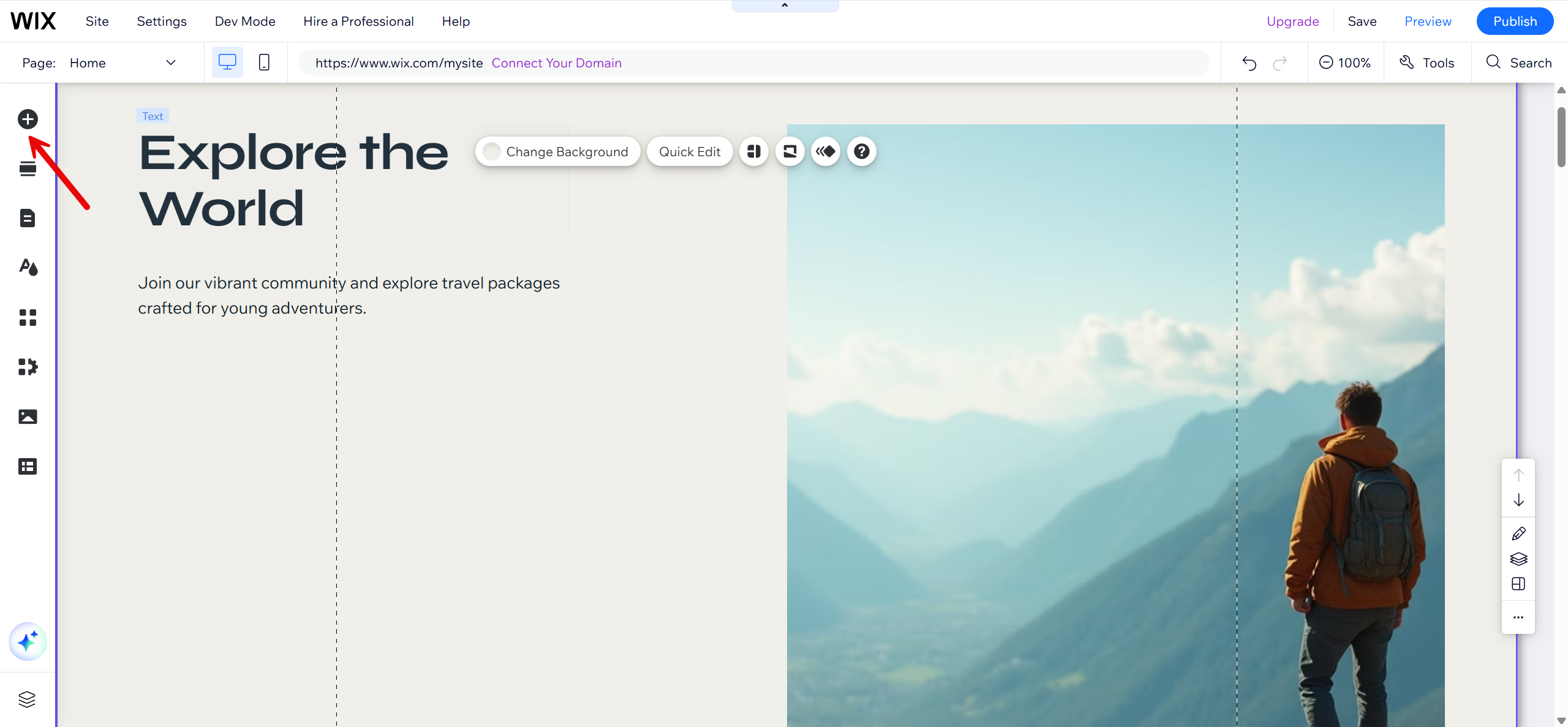 Screenshot of the Wix website editor showing how to add a new element. A red arrow points to the plus (+) icon on the left toolbar, which is used to add content to the page.
